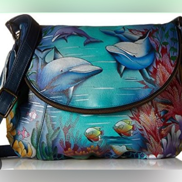 [Anuschka] Hand-Painted Leather Medium Flap Messenger Bag Purse, "Dolphin World" - Picture 2 of 16